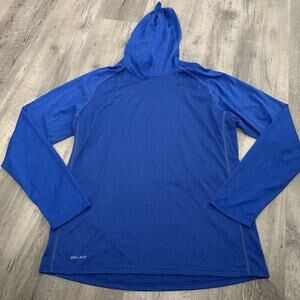 NIKE Dri-Fit T-Shirt Mens Large Long Sleeve Hooded Tee Wicking Blue Stripe Thin